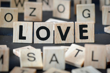 Wooden blocks with letters spelling Love