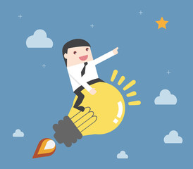 Idea like a rocket. Businessman on a Idea boost. Flat design business financial marketing concept cartoon illustration.