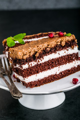Chocolate cake stuffed with whipped cream and crunchy topping