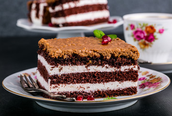 Chocolate cake stuffed with whipped cream and crunchy topping