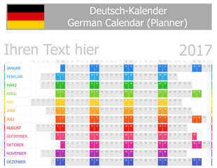 2017 German Planner Calendar with Horizontal Months on white background