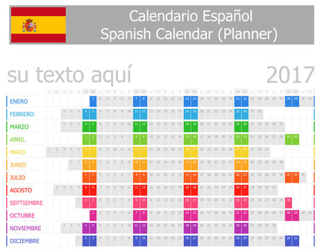 2017 Spanish Planner Calendar with Horizontal Months on white background