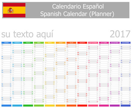 2017 Spanish Planner Calendar with Vertical Months on white background