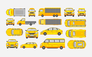 Set cars hatchback, delivery truck, light truck with trailer, minibus, sedan top, front, side view
