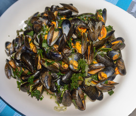 Mussels in a porcelain plate. Shallow DOF, top view, close up