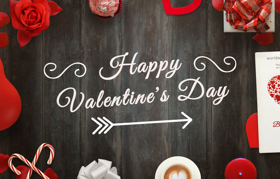 Happy Valentines Day scene with gifts, hearts, petals, rose, lollipop, coffee, book, balloon, tablecloth on wooden table.
