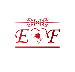 EF love initial with red heart and rose