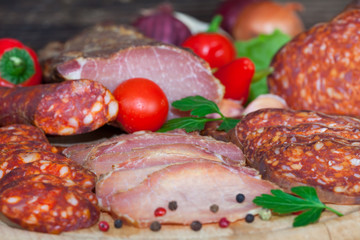 Italian salami meat platter - prosciutto ham, salami and sausage