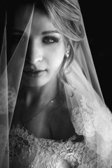 B&W beautiful blonde bride in make-up and veil in a white dress