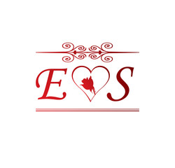 ES love initial with red heart and rose