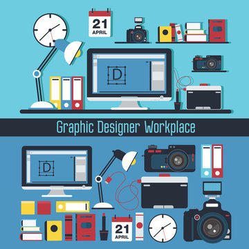 Graphic Designer Workplace Concept. Table with Computer and Designer