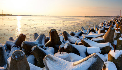Frozen port of Baltic Sea at winter time. Lithuania