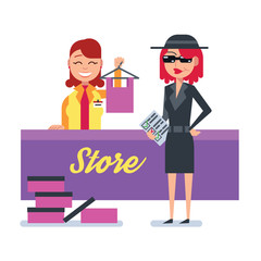 Mystery shopper woman in spy coat checks clothing store