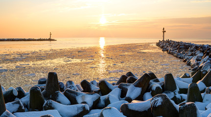Frozen port of Baltic Sea at winter time. Lithuania