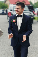 Happy handsome confident groom in stylish suit walking to the ai