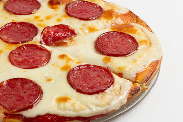 Sliced pepperoni pizza on white background