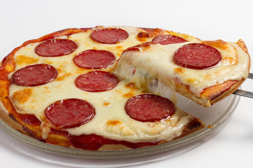 Sliced pepperoni pizza on white background
