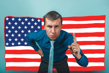 a male frowned angry businessman raised his index finger America