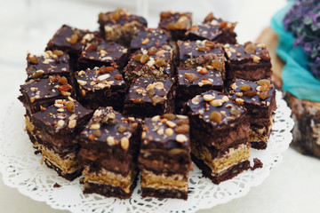 A close-up shot of a delicious and tasty fudge chocolate cake wi