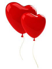 Plakat Two red balloon heart with gold ribbon. Isolated on white background