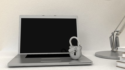 Empty screen with padlock on white notebook, laptop. Internet, web safety, privacy and security concept.