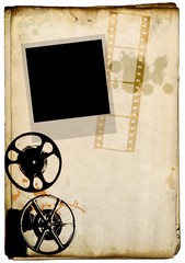 Instant photo, film strip and old projector on stained paper background