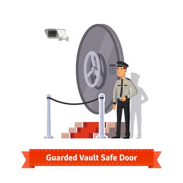 Vault safe door guarded by an officer in uniform