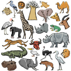 set of animals with elephant, crocodile, lion, rhinoceros, giraf
