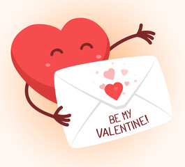 Vector illustration of red heart holding envelope on white backg