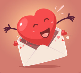 Vector illustration of red heart comes out of the envelope on br