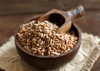Uncooked whole spelt in a bowl with a wooden spoon