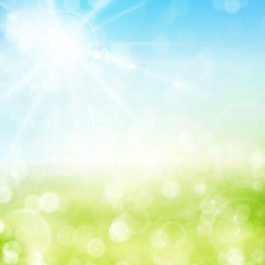 Fototapeta na wymiar Green spring bokeh background with sunny sky and blurry light do