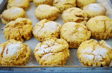 Homemade sweet potato scones on a baking sheet