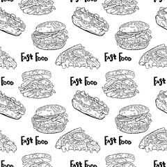 Fast food. Burger, sandwich, pizza and hot dogs. Vector seamless pattern (background).