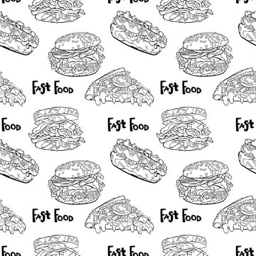Fast food. Burger, sandwich, pizza and hot dogs. Vector seamless pattern (background).