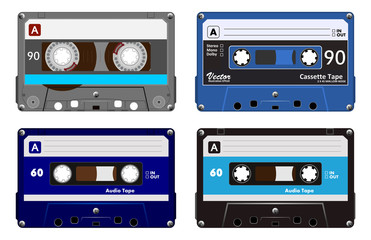 Collection of four plastic audio cassettes tape. Different colorful music tapes. Blue set. old technology, realistic retro design, vector art image illustration, isolated on white background eps10