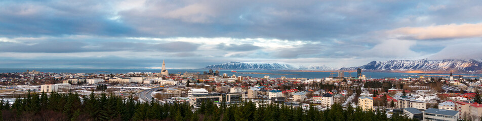 Panorama view of Reykjavik, Iceland, in winter - obrazy, fototapety, plakaty