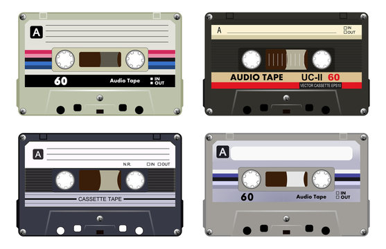 Collection of four plastic audio cassettes tape. Different colorful music tapes. Gray set. old technology, realistic retro design, vector art image illustration, isolated on white background eps10