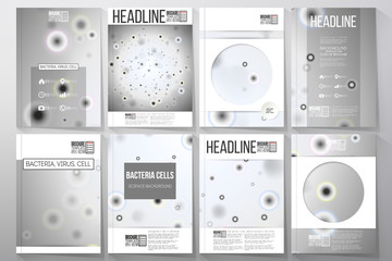 Set of business templates for brochure, flyer or booklet. Molecular research, cells in gray, science vector background