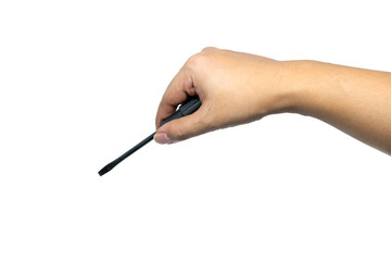 Hand holding a black screwdriver isolated white background 