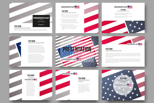 Set of 9 templates for presentation slides. Presidents day background with american flag, abstract vector illustration