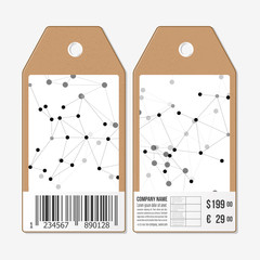 Vector tags design on both sides, cardboard sale labels with barcode. Molecule structure, connection vector, science polygonal background