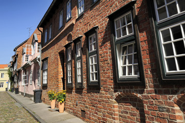 Fototapeta na wymiar nice street with old brick houses, Lubeck, Germany