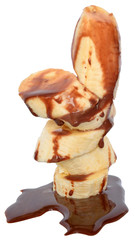 Tower sliced banana drenched with chocolate sauce