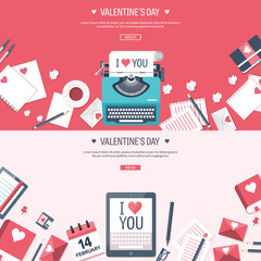 Vector illustration. Flat background with typewriter. Love, hearts. Valentines day. Be my valentine. 14 february. 