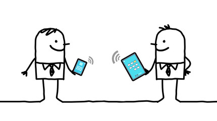 Fototapeta premium cartoon businessmen connected with digital tablet and phone