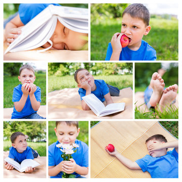 Photo collage of boy on picnic