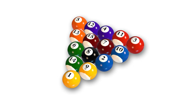 Pool balls in various colors with numbers, billiard balls arranged on white background