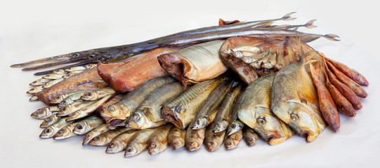 Cold smoked fish. Group of cold smoked fishes