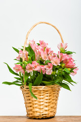 Fototapeta na wymiar bouquet of pink flowers alstroemeria in basket